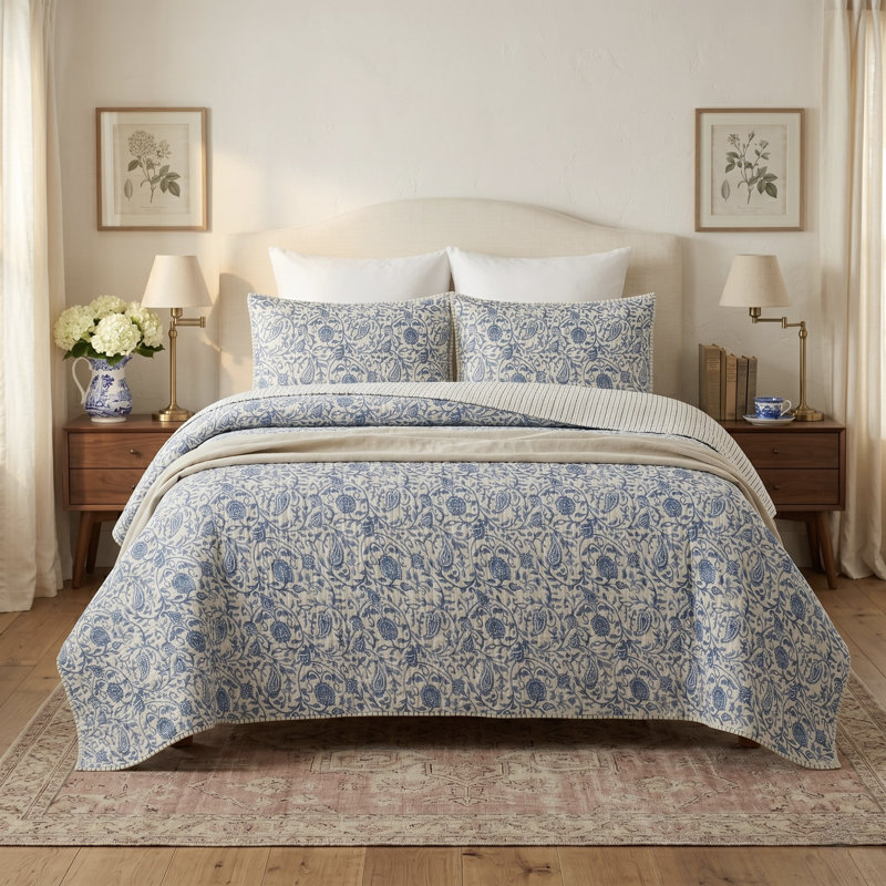 Ensemble de courtepointe réversible 3 pièces Eden Paisley, Courtepointe très grand et 2 très grandes taies , Bleu