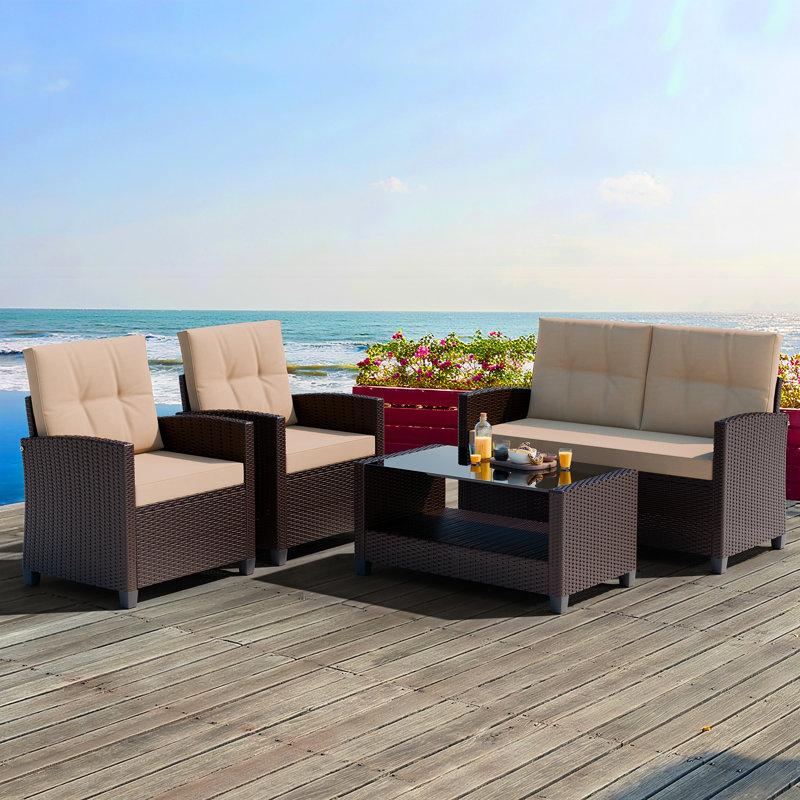  Ensemble de conversation de patio pour 4 personnes avec coussins Amei, Coussin brun / structure brune