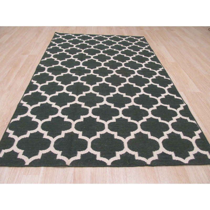 Flatweave Wool Geometric Area Rug, Green, Rectangle 9' x 12'