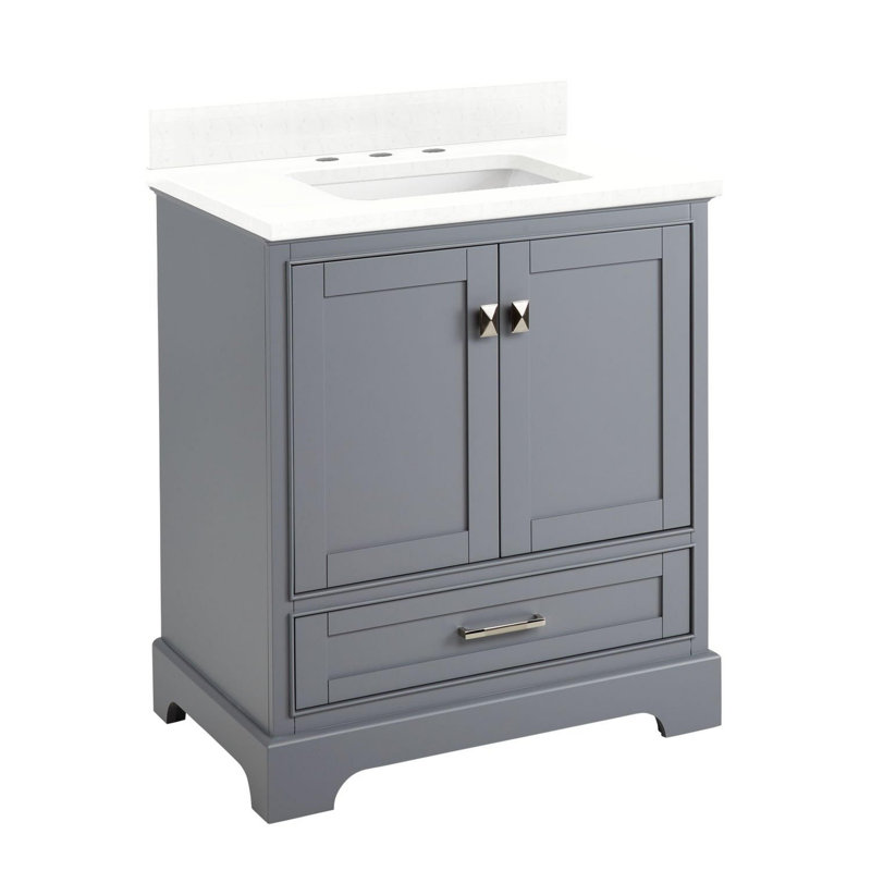 Quen 30" Freestanding Single Basin Vanity Set with Cabinet, Vanity Top, 8" Centers, Feathered White Quartz, Gray