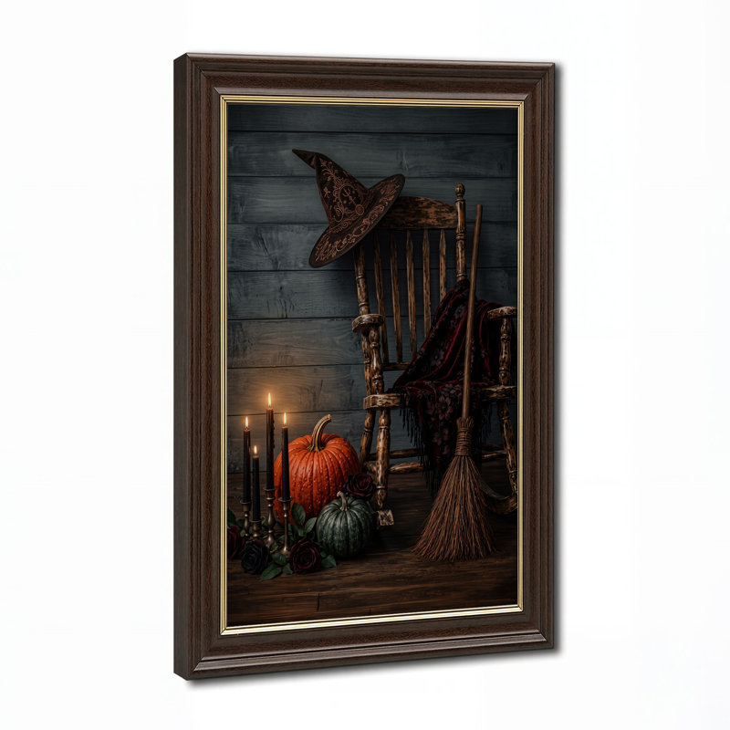 Chaise berçante rustique avec chapeau de sorcière et art mural d'Halloween allumé, H 24 po x l 16 po