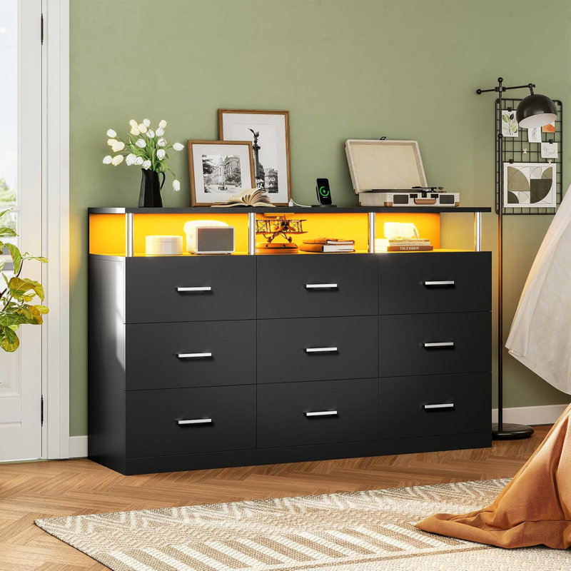 57'' W Dresser with 9 Drawers Black