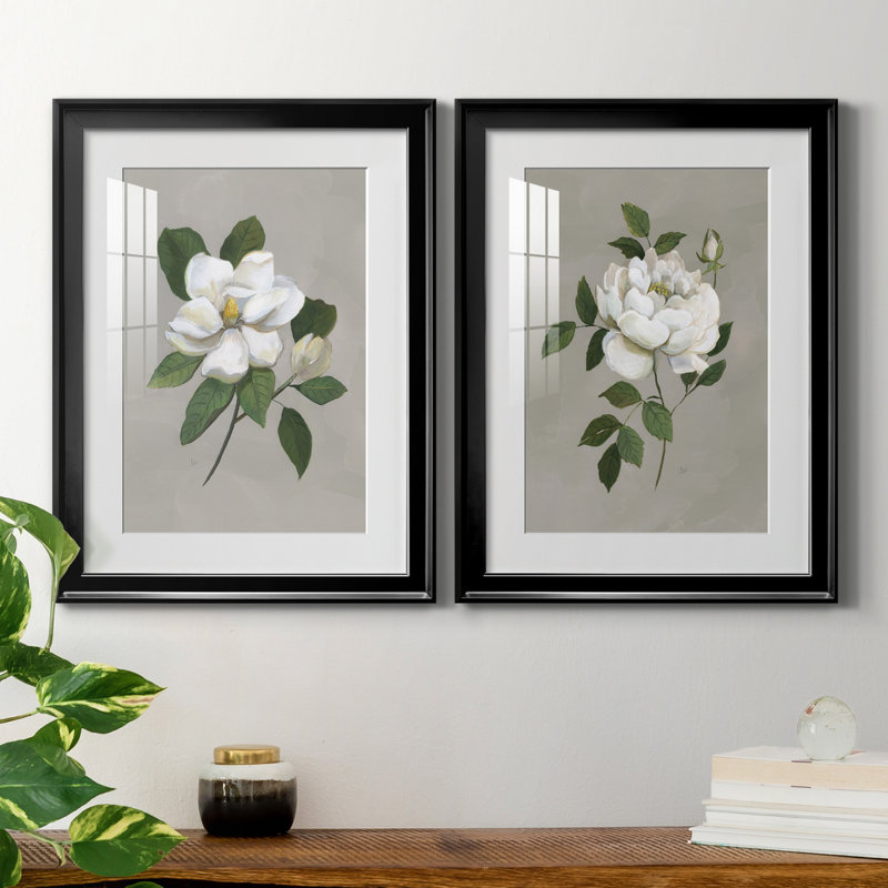 Magnolia botanique - ensemble de 2 reproductions d'art, H 18,5 po x l 49 po x P 1,5 po, Papier encadré noir, Blanc
