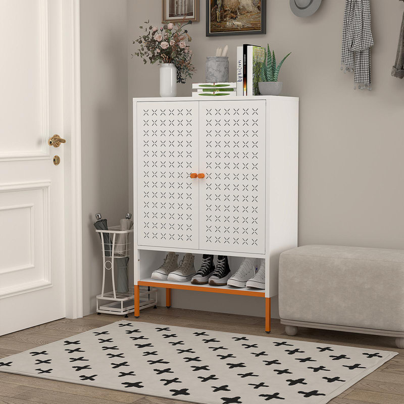 Armoire à chaussures à double porte Grid, trois compartiments réglables pour un rangement flexible, compartiment à langer creux suspendu, conception inférieure à 15 cm résistante à l'humidité