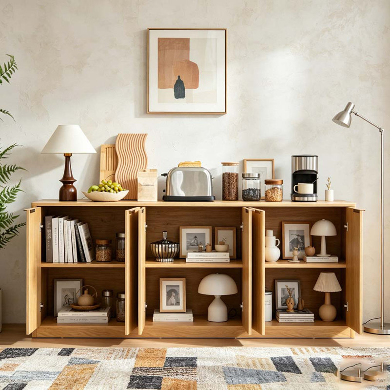 Armoire de rangement ondulée à 4 portes, Naturel, H 27,7 po x l 67 po x P 15,7 po