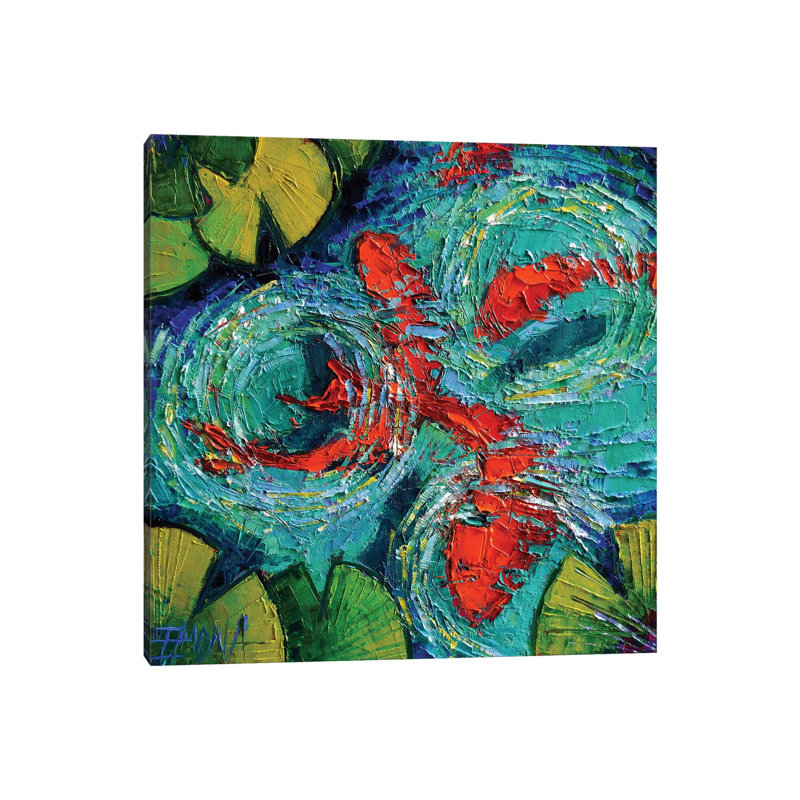 Colorful Koi Fishes In Lily Pond by Mona Edulesco - Wrapped Canvas Painting, 30.48 cm H x 30.48 cm W