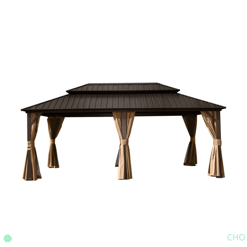 Hardtop Gazebo, Aluminum Metal Gazebo With Galvanized Steel Double Roof Canopy, Curtain And Netting, Permanent Gazebo Pavilion For Patio, Backyard, Deck