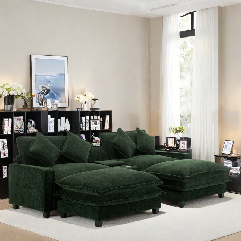 Sectional Sofa With 2 Removable Ottoman, 2 Usb Ports, 2 Cup Holders And Large Storage, Green Chenille