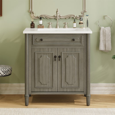 Meuble-lavabo de salle de bain rétro 30 po avec lavabo, armoire de salle de bain rustique avec portes à fermeture en douceur et tablette réglable, conception à profil courbé, pieds en bois d'hévéa