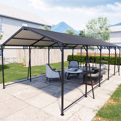 Abri d'auto 13 * 26,5 pi avec toit et cadre en acier galvanisé, 4 supports inclinés pour, surfaces en béton convenables, fêtes extérieures de camions polyvalents, rouille, assemblage rapide, abri d'auto, toit, carré