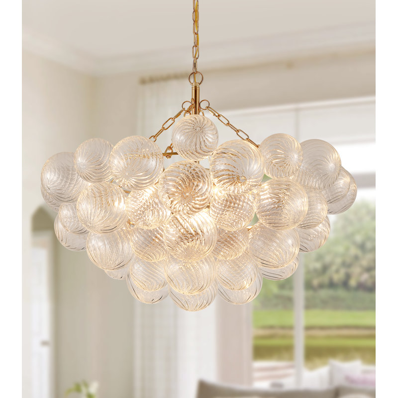 Modern 9-Light Swirled Glass Globe Chandelier, Gold Bubble Ball Pendant Light, Adjustable Chain, UL Listed, for Foyer, Dining Room, Living Room & Kitchen