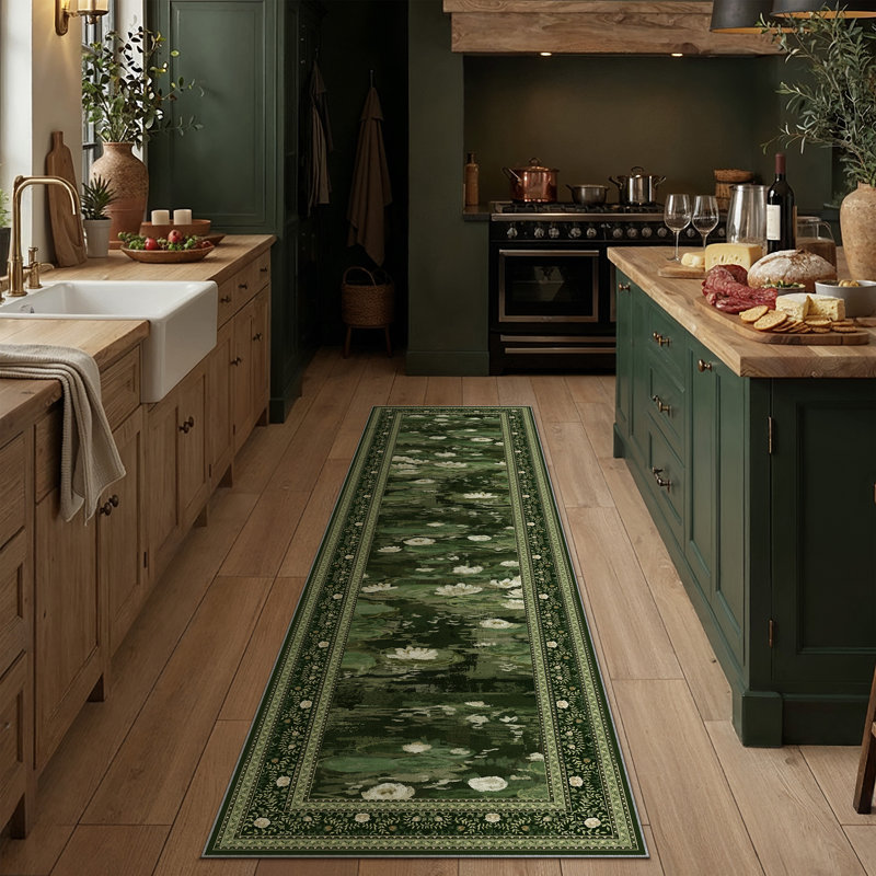 Aura Waterlily Art Machine Washable Area Rug, Runner 2' x 8', Green