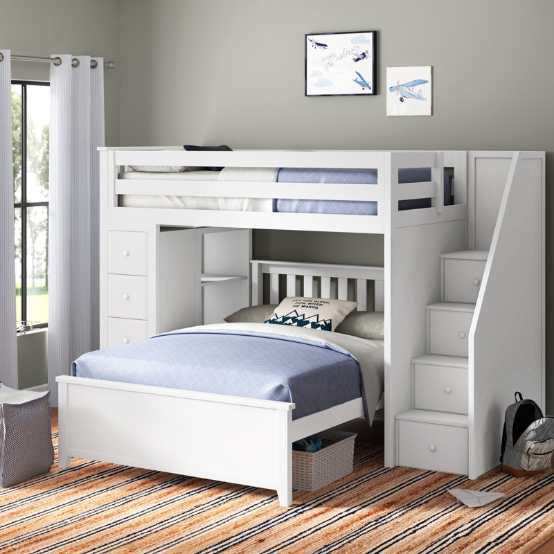  Helfriede Solid Wood 8 Drawer L-Shaped Bunk Bed, White, Twin over Full