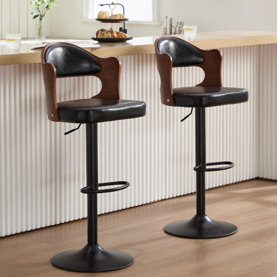 Modern Swivel Bar Stools Set Of 2, Wooden Upholstered Pu Leather Barstools With Back & Footrest, Counter Height Bar Chairs For Kitchen Island