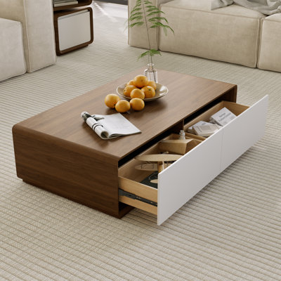 Table basse de 51 po rectangulaire en bois avec rangement, table basse moderne Mid-Century à 4 tiroirs, conception à deux tons, entièrement assemblée, blanc noyer