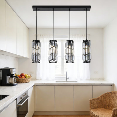Luminaire suspendu pour îlot de cuisine cylindrique en cristal à 4 lumières Deimonas