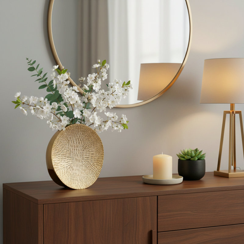 Decorative Metal Etched Oval Table Vase for Home Decor - Modern Flower Vase for Shelf Accent and Living Room Display - Gold & Metallic