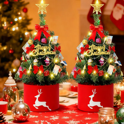 set of 2  23.6in Pre-Lit Tabletop Christmas Tree Set - with Star Topper & Decorative Skirt | Warm White LED Lights, Artificial Mini Xmas Tree for Home, Office, Desk Decor