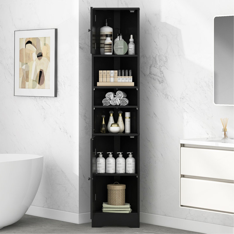Multi-Functional Corner Cabinet For Bathroom Storage With Adjustable Shelves And Open Shelf, Black