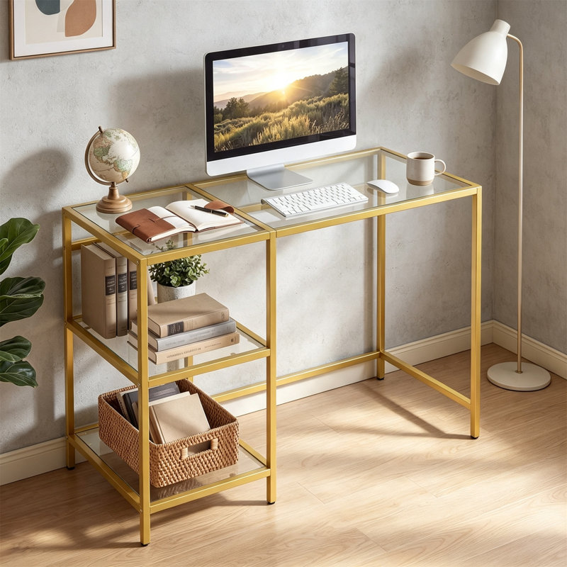 Glass Computer Desk, Golden