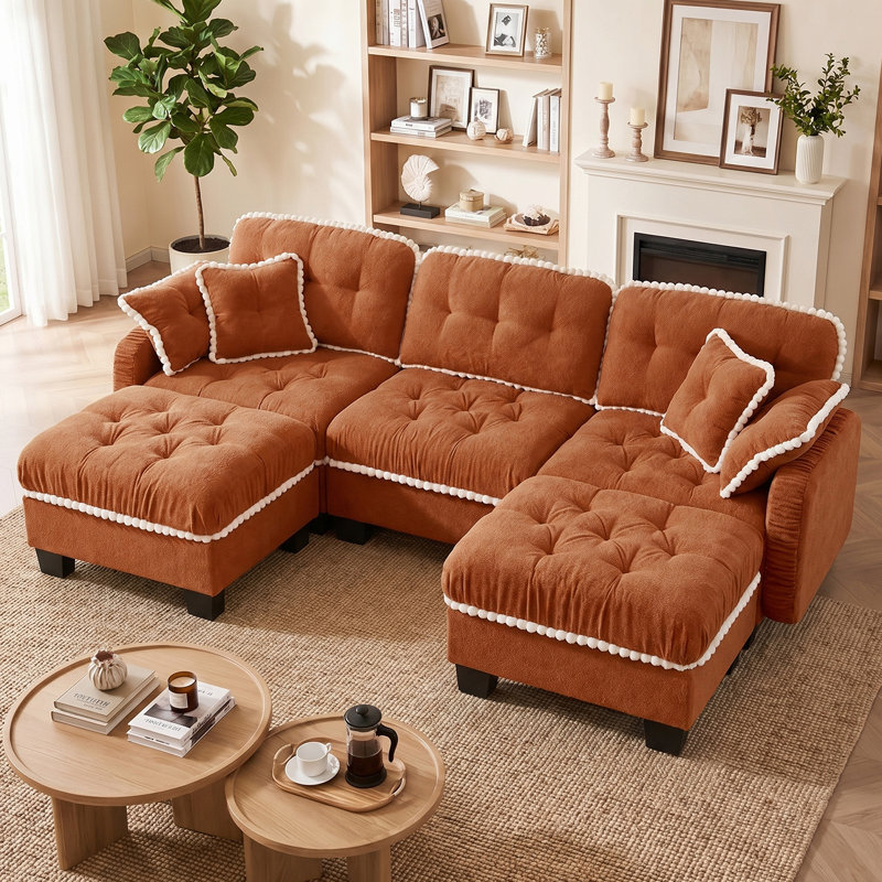 Canapé modulaire en forme de U 100,9 po 5 pièces en chenille avec repose-pieds et coussins amovibles, Orange Chenille