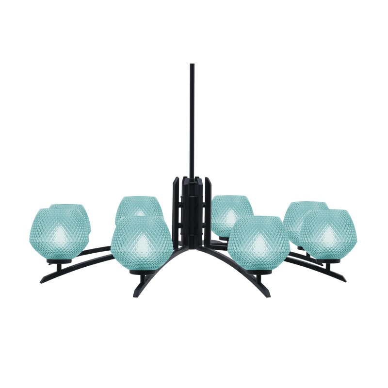 Lustre 8 lumières kurve au fini noir mat avec verre texturé de 6 po, Sarcelle