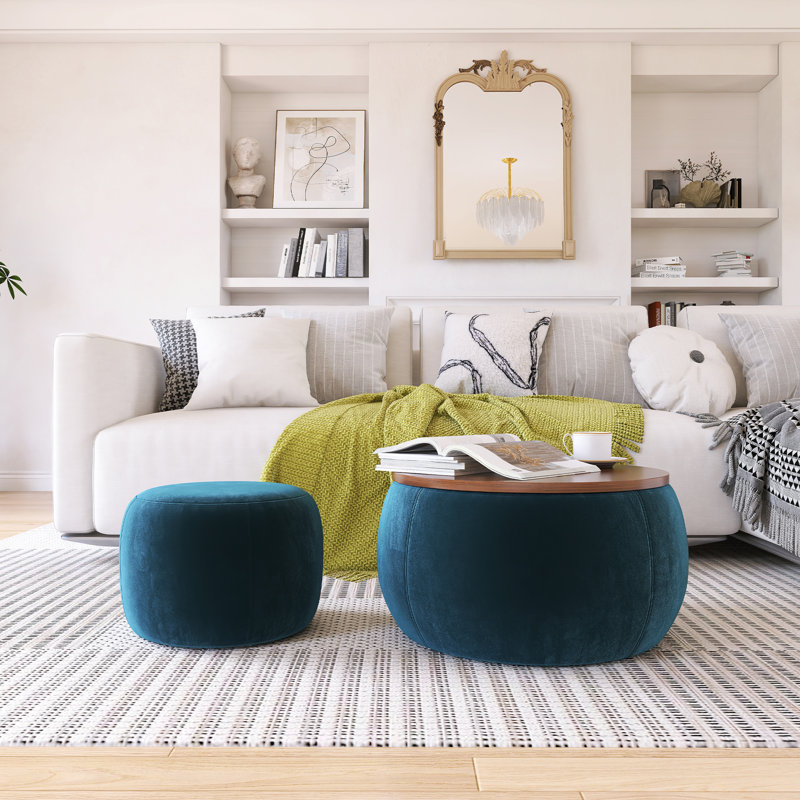 Round Storage Ottoman, 2 In 1 Function, Work As End Table And Ottoman, Brown, Dark Blue