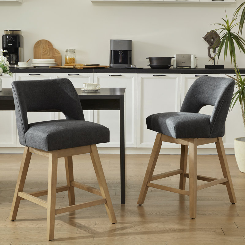  360° Swivel Bar Stools with Solid Wood Frame, Polyester Dark Gray, Light Oak Finish