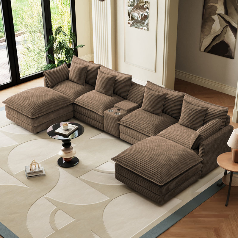 Canapé modulaire en U de 143 po avec repose-pieds, porte-gobelets et ports USB, canapé modulaire en velours côtelé de 143 po