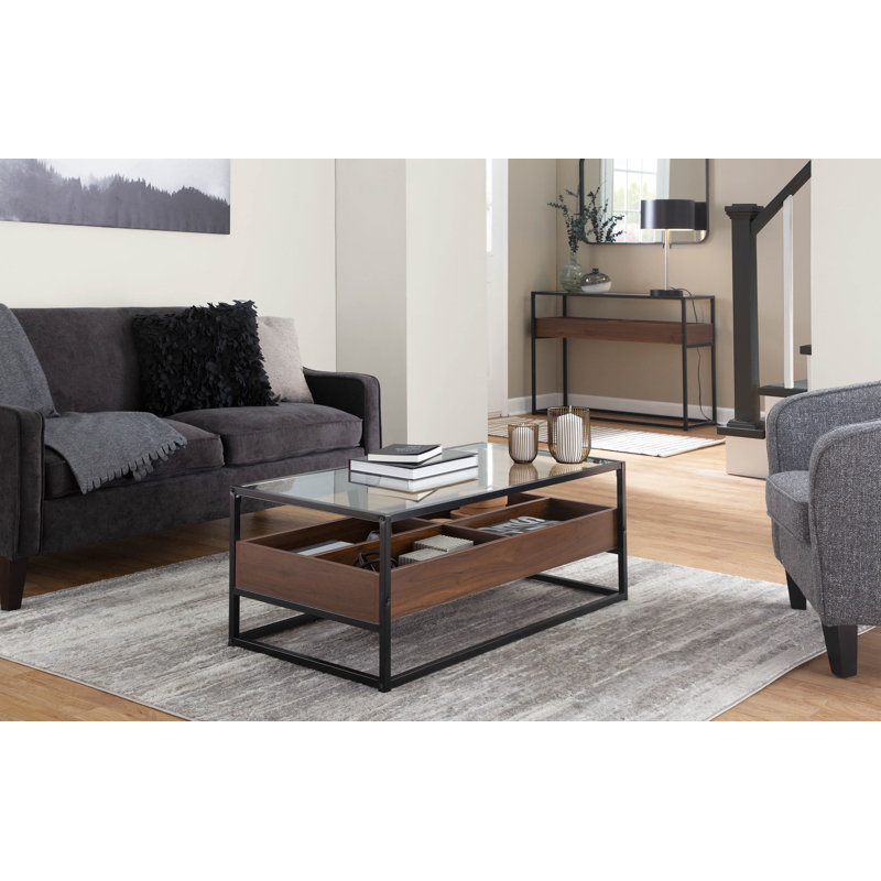 Kaebri Contemporary Coffee Table Metal, Walnut Wood, And Clear Glass By 17 Stories, Black/Clear, Brown/Black