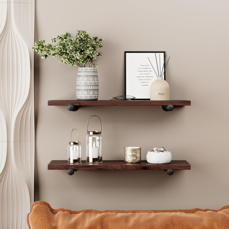 Tablettes flottantes en bois massif avec supports pour tuyaux, H 1 po x l 42 po x P 8 po, Châtaigne