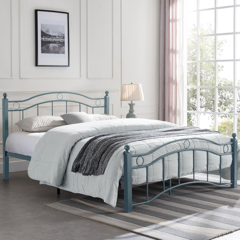 Grand lit en métal avec tête et pied de lit ondulés, bleu, Bleu antique, Grand