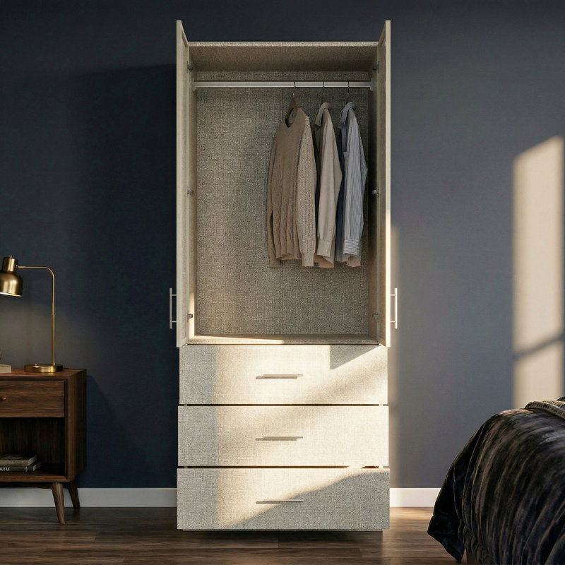 77.1'' H Linen-Textured 2-Door Armoire With 3 Drawers