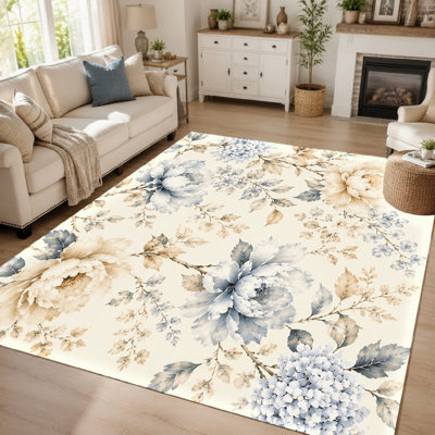 1Pcs Elegant floral design - plush, printed Soft Fabric carpet, washable and easy to clean, large thin rug, non-slip backing, suitable for living room, bedroom, kitchen, office indoor use for home detor