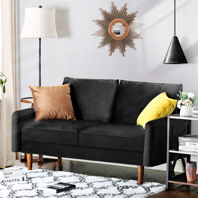 Everly Quinn Hessville Sofa 56" Velvet Round Arm Loveseat, Black Velvet