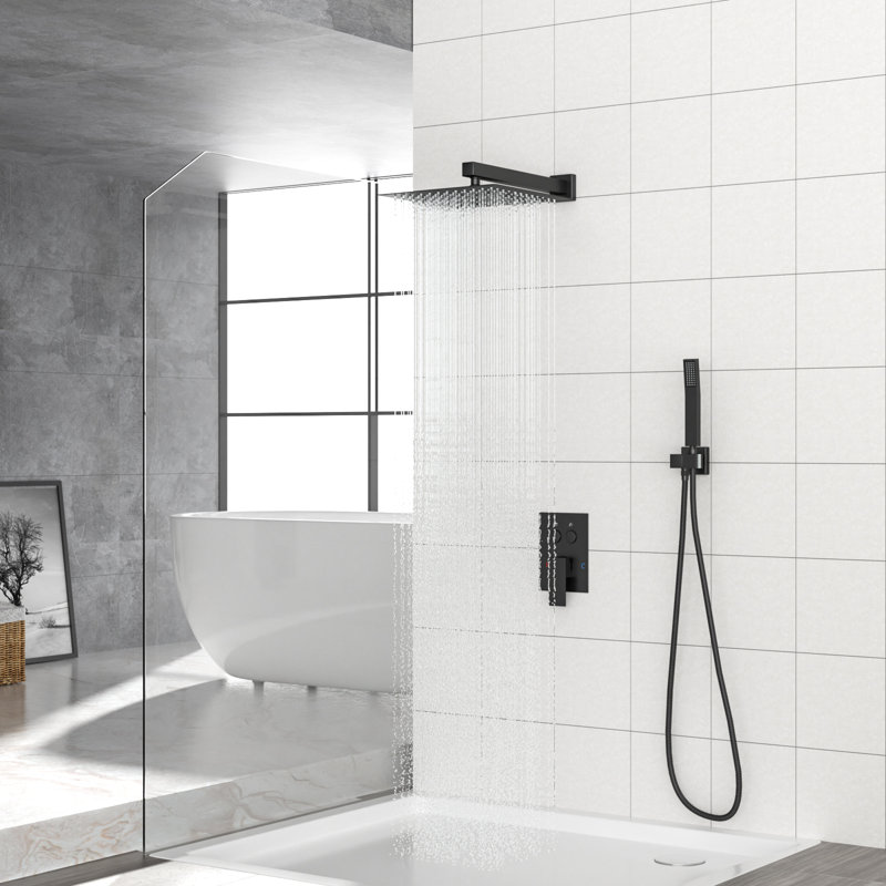 Dual Shower Head - 12 Inch Wall Mounted Square Shower System with Rough-in Valve, Matte black