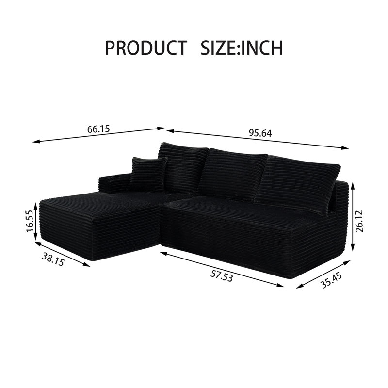 Canapé modulaire en L 96 po, Velours côtelé noir, Orienté vers la gauche