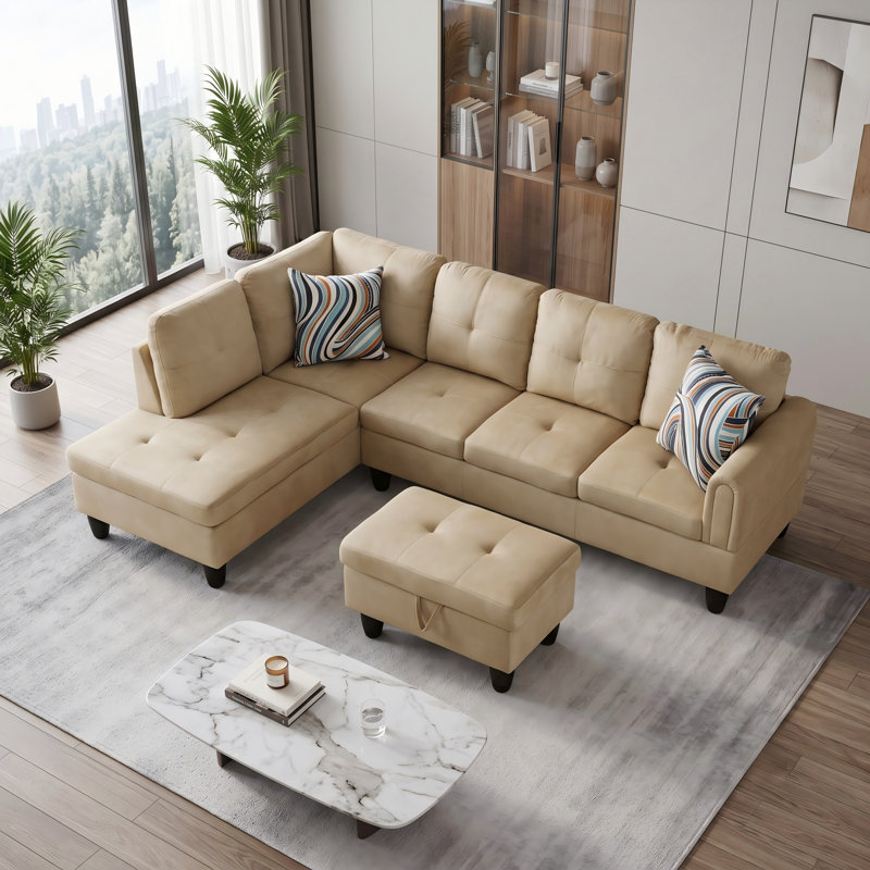 Canapé modulaire rembourré réversible avec repose-pieds, Flanelle beige, Orienté vers la gauche