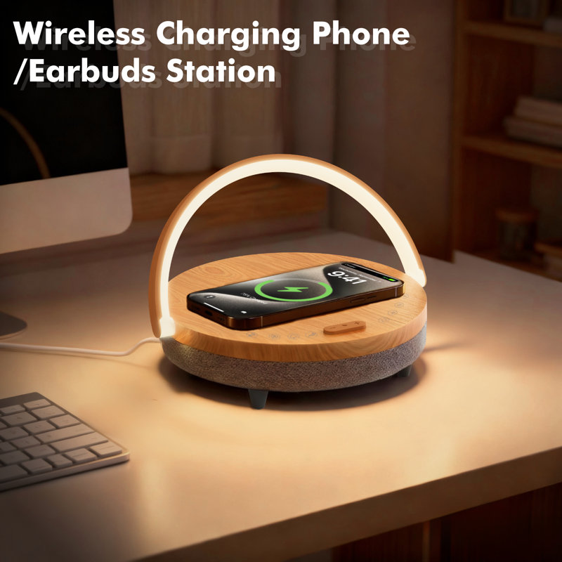 6-in-1 Bedside Lamp with Wireless Charging, Touch Dimmable Light, Bluetooth Speaker & White Noise, Natural Wood Grain