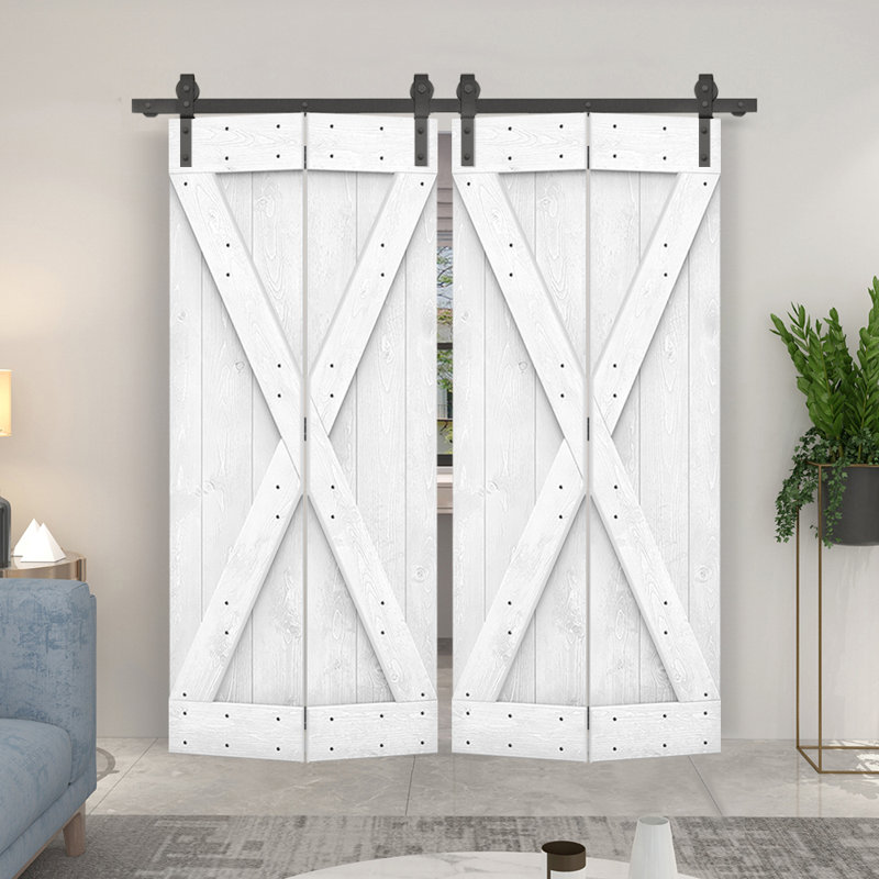 Porte de grange pliante pré-assemblée en bois avec quincaillerie coulissante, 60 po x 84 po, Blanc
