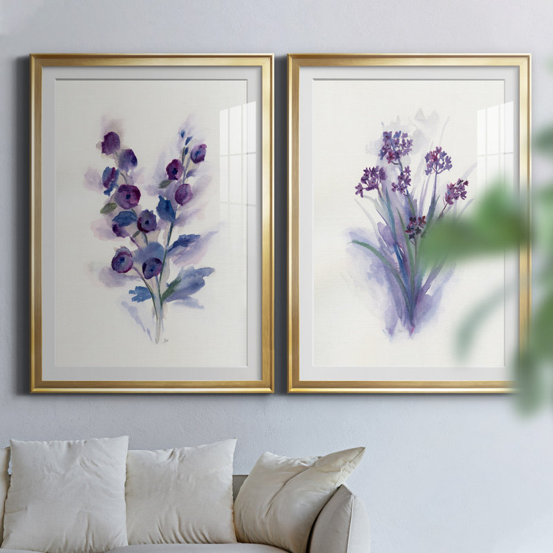 «Pretty in Purple I», ensemble de 2 reproductions d'art, H 26,5 po x l 73 po x P 1,5 po, Papier encadré doré, Blanc