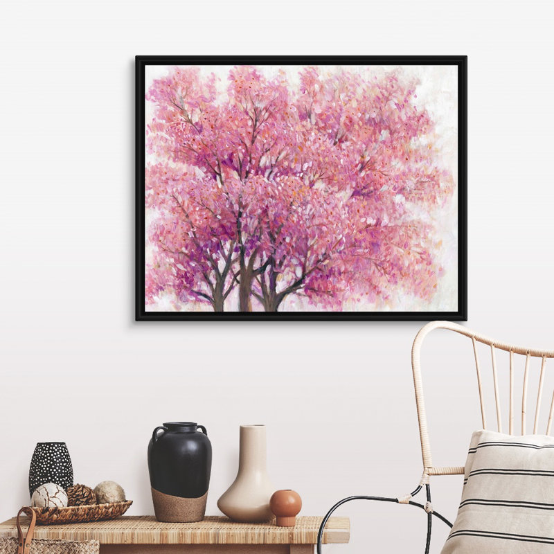 " Pink Cherry Blossom Tree I " Painting Print, 32"H x 40"W x 1.75"D, Black Framed Canvas