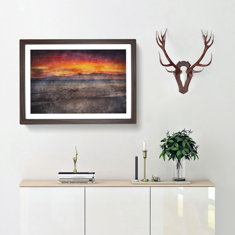 Spanish Beach at Sunset - Picture Frame Painting Print, 24cm H x 33cm W x 2cm D, Walnut Framed
