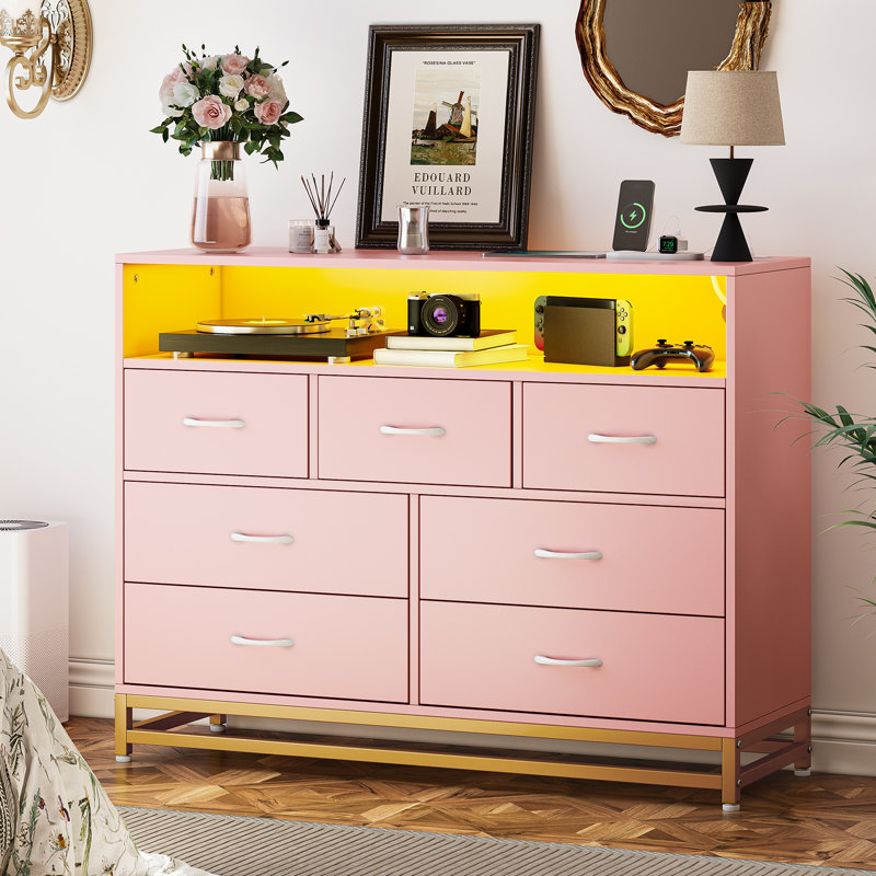 Modern 7-Drawer Dresser with Charging Station and LED Lights, Bedroom Storage Organizer Furniture, Pink