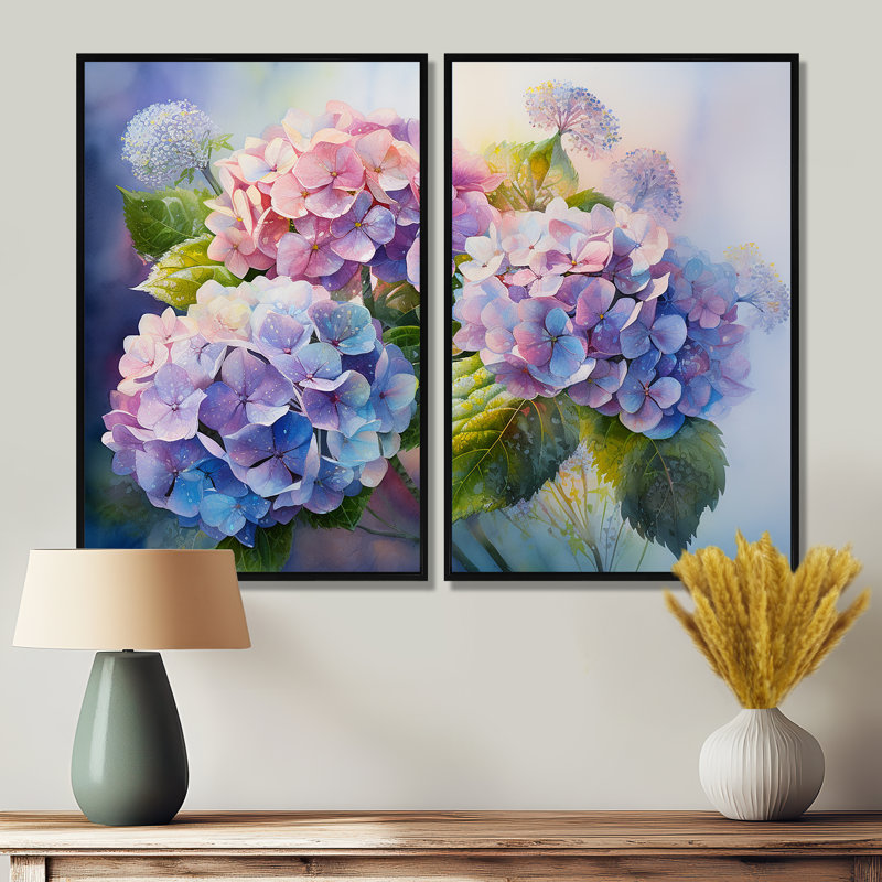 Pink And Purple Hydrangea Sunset - Floral Hydrangea Wall Decor, Black, 36" H x 48" W, Framed Print without Mat