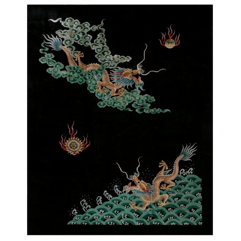 Antique Chinese - Art Deco Medium Wool Black Rug