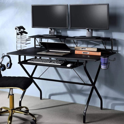 Black Computer Desk With Rectangular Shape, Keyboard Tray, Metal Frame, And Shelf Storage For Gaming Professional Growth Media Rack, 2 Open Compartmen