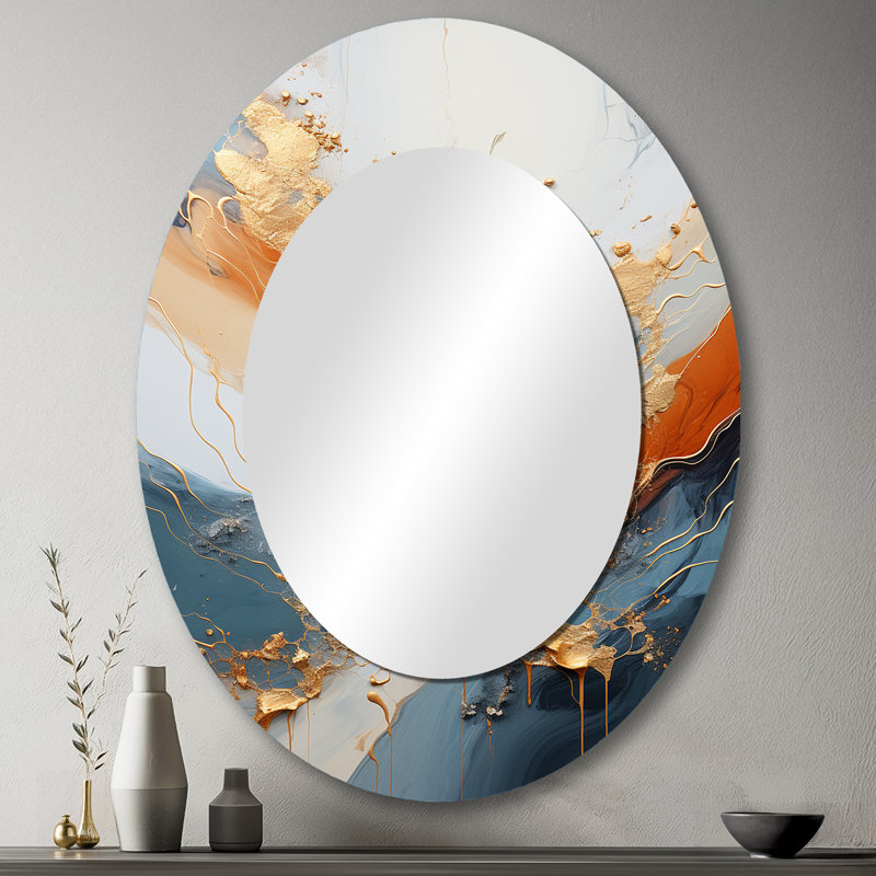 Golden Sunrisre abstrait or et bleu Nova I - décor de miroir mural ovale doré, 43 po x 33 po