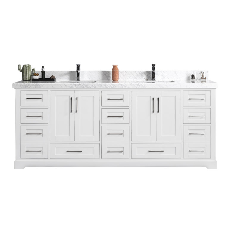 Ensemble de meuble-lavabo double 84 po Eser, Blanc, Quartz noir Calacatta