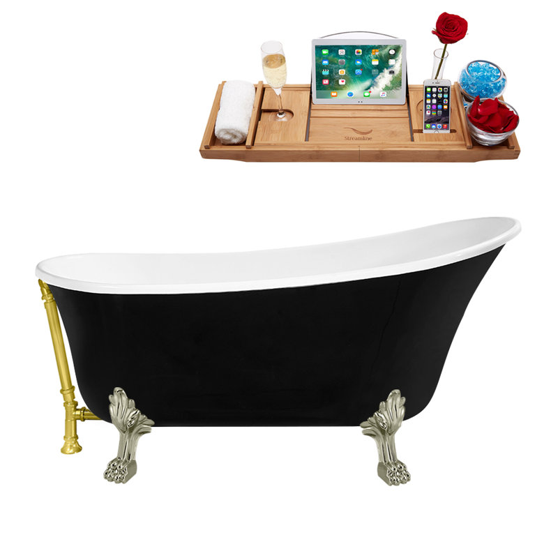 Baignoire de trempage sur pieds 59 "avec drain, pattes et plateau en bambou 59" Streamline, Or poli, Nickel brossé